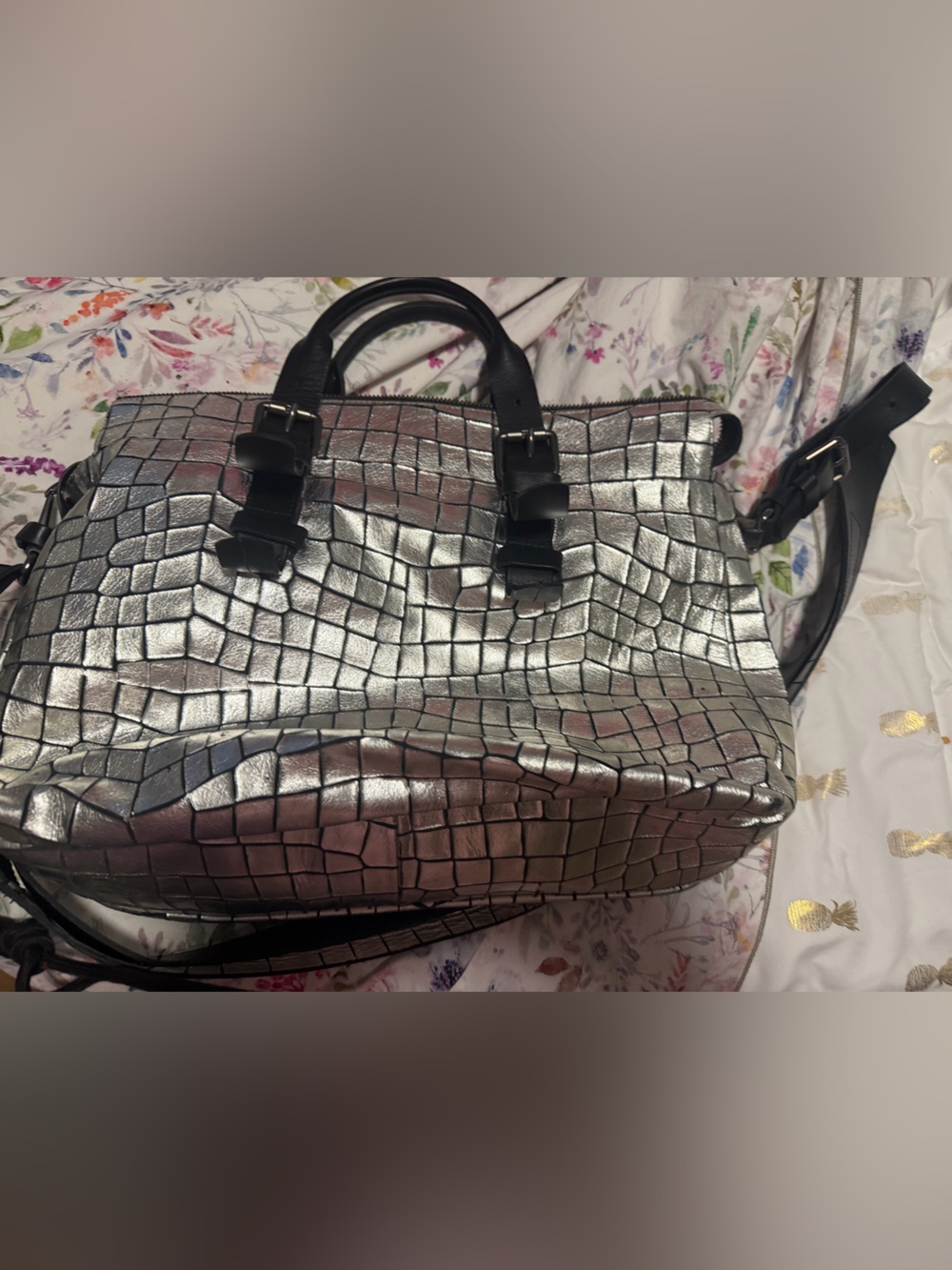 Metallic Croc-Embossed Dome Satchel - Silver